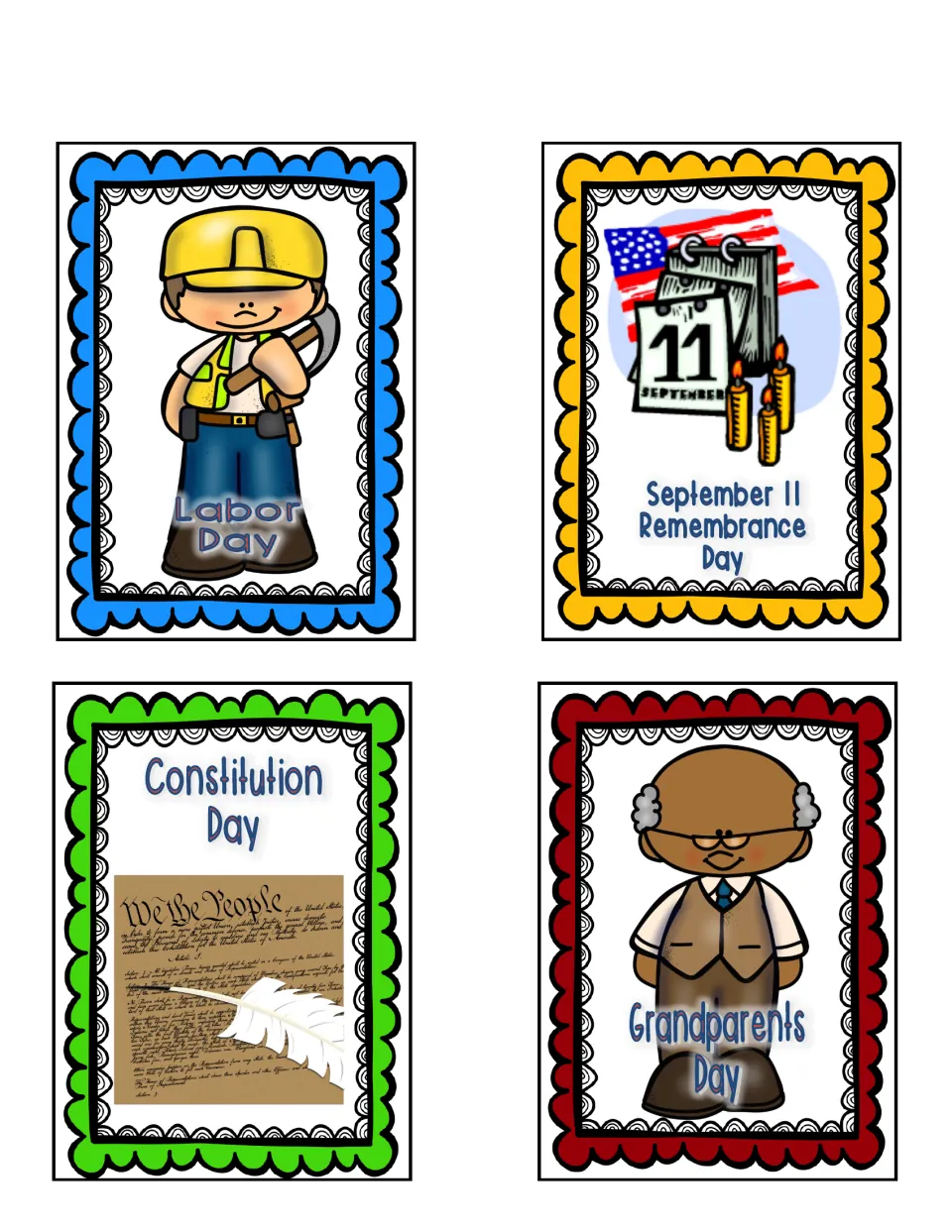 Holiday cards to cut out: Labor Day, September 11 Remembrance Day, Constitution Day and Grandparents Day with pictures