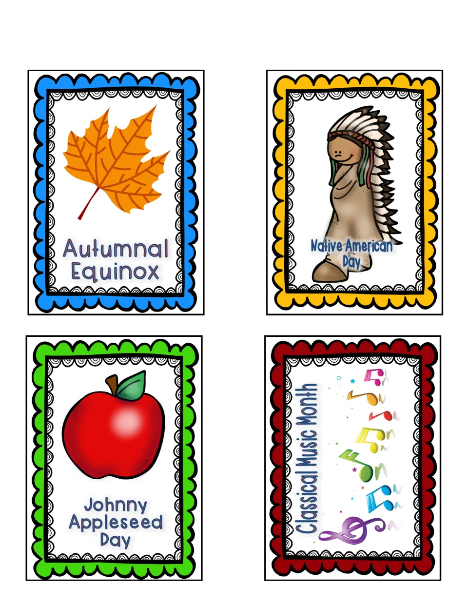 Holiday cards to cut out: Autumnal Equinox, Native American Day, Johnny Appleseed Day and Classical Music Month