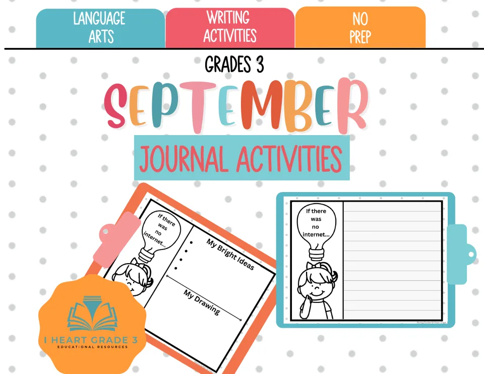 Cover for Grade 3 September journal activities, showing a brainstorm-and-draw page and a writing page on clipboards