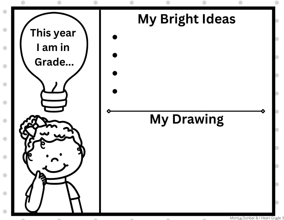 Prompt 'This year I am in Grade...': students list four bright ideas, then draw a picture to plan their journal entry