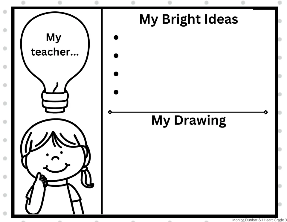 Prompt 'My teacher...': students brainstorm four bright ideas about their teacher and sketch a drawing to plan writing