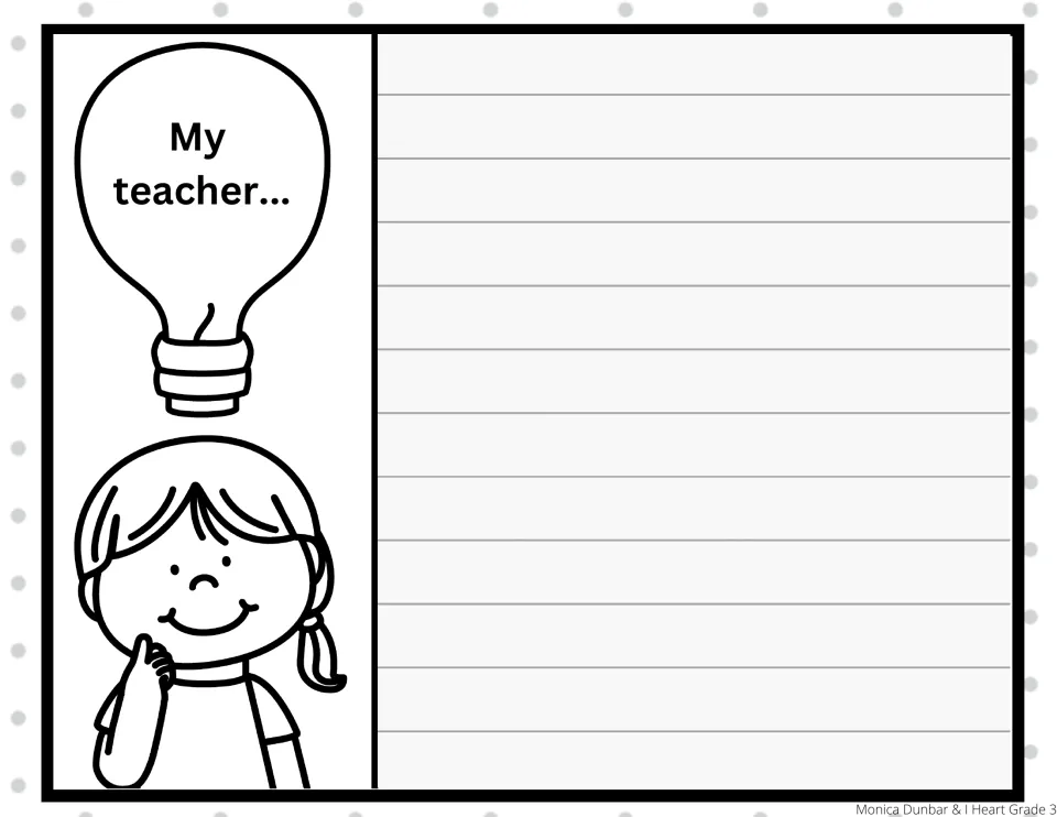 Prompt 'My teacher...': students write a journal entry describing their teacher, building on their brainstormed ideas