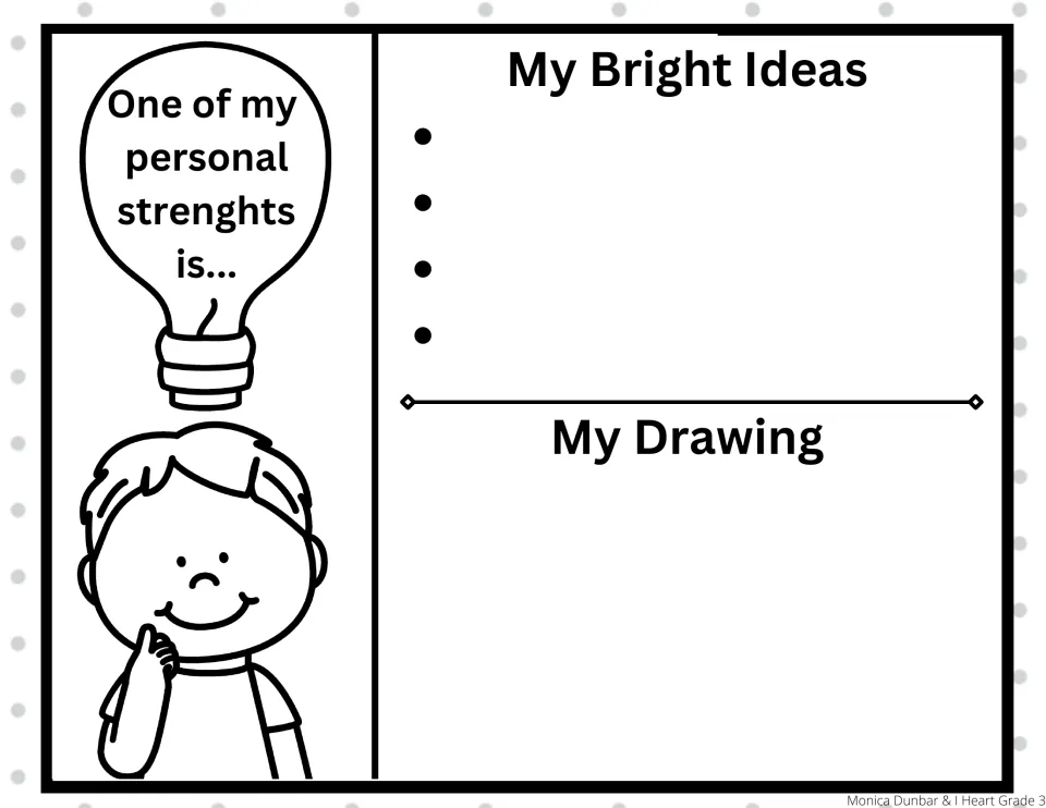 Prompt 'One of my personal strengths is...': students list four ideas about a strength they have and draw a picture of it