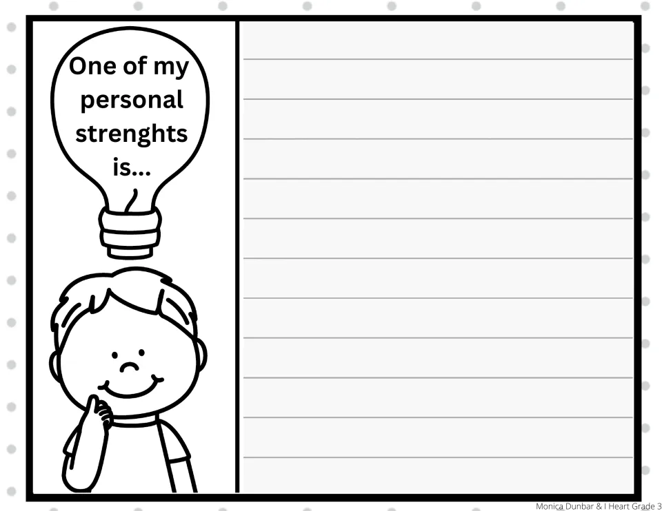 Prompt 'One of my personal strengths is...': students write a reflective journal entry explaining a personal strength