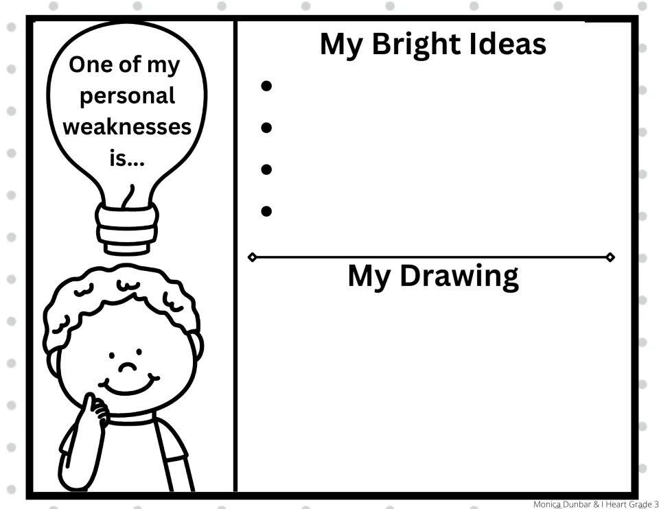 Prompt 'One of my personal weaknesses is...': students brainstorm four ideas about something hard for them and draw it
