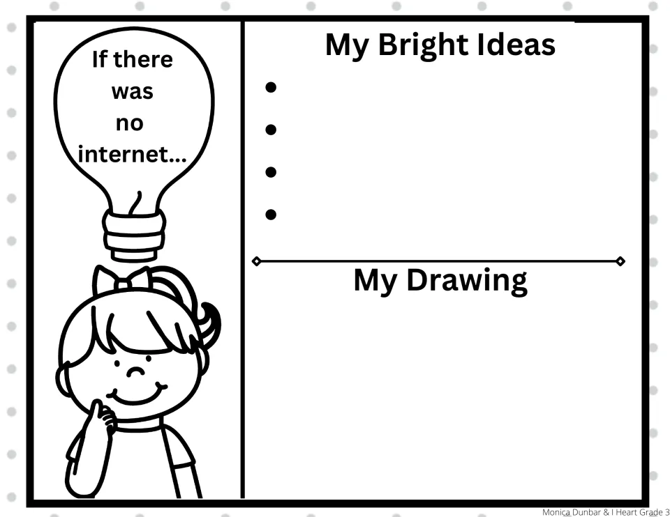 Prompt 'If there was no internet...': students list four ideas about life without the internet and draw a scene