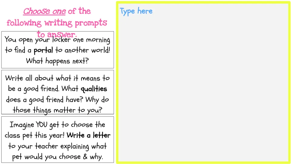 Week One writing choices: a locker portal, qualities of a good friend, or a letter requesting a class pet