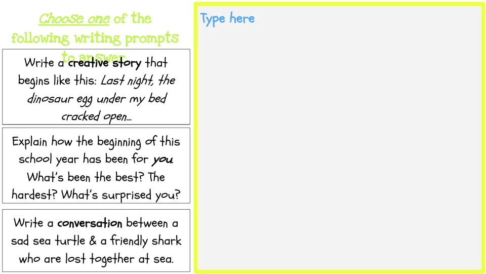 Week Two writing choices: a dinosaur egg story, a school-year reflection, or a sea turtle and shark conversation