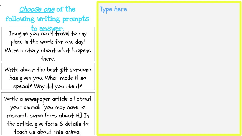 Week Three writing choices: a one-day travel story, a special gift reflection, or an animal newspaper article
