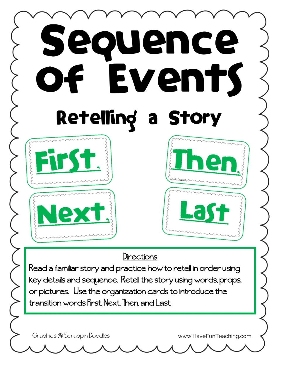 Retelling a Story cover: First, Next, Then and Last cards with directions to retell a familiar story in order