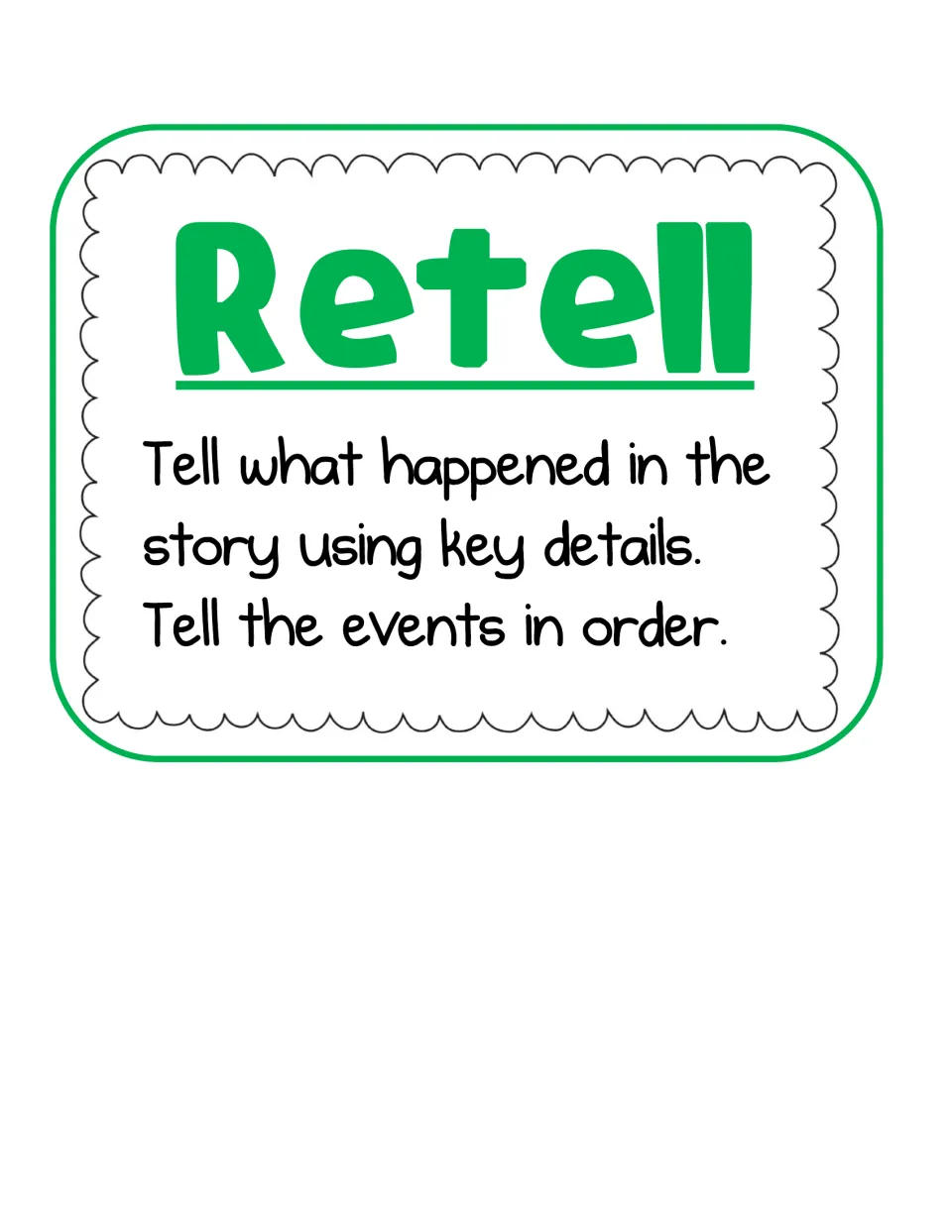 Retell card: tell what happened in the story using key details and tell the events in order, a sequencing reminder