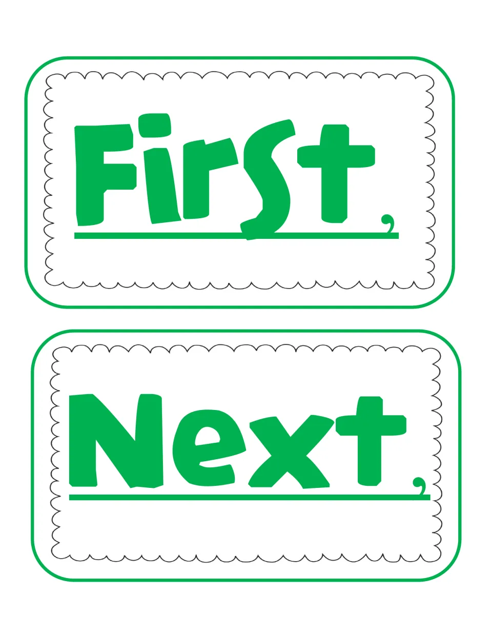 Transition word cards for sequencing a story: large First, and Next, cards that students use to retell opening events