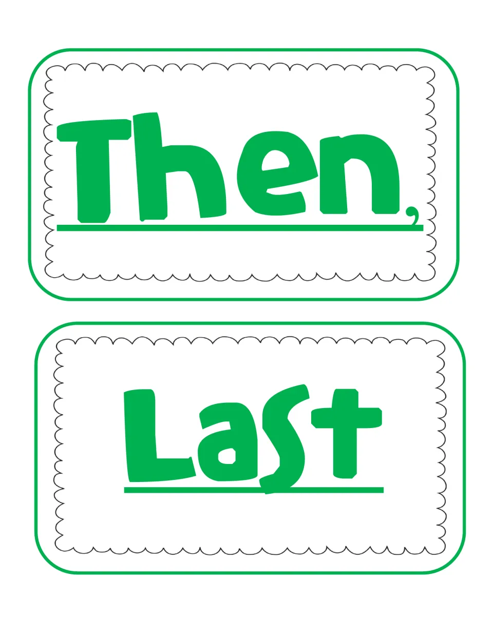 Transition word cards for retelling in order: large Then, and Last cards that students use to tell the ending events