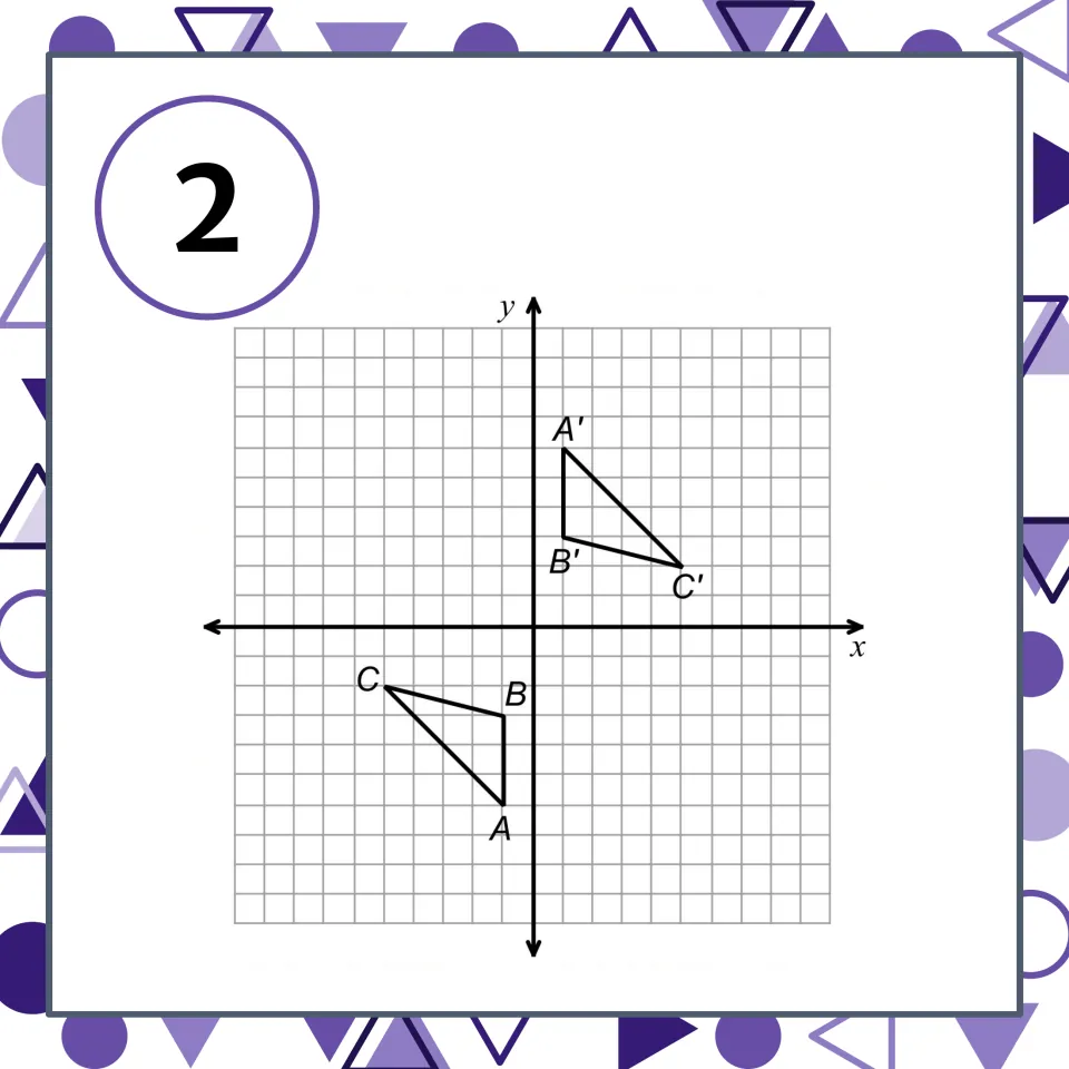 Transformation matching card 2: triangles ABC and A′B′C′ show a 180-degree rotation about the origin.