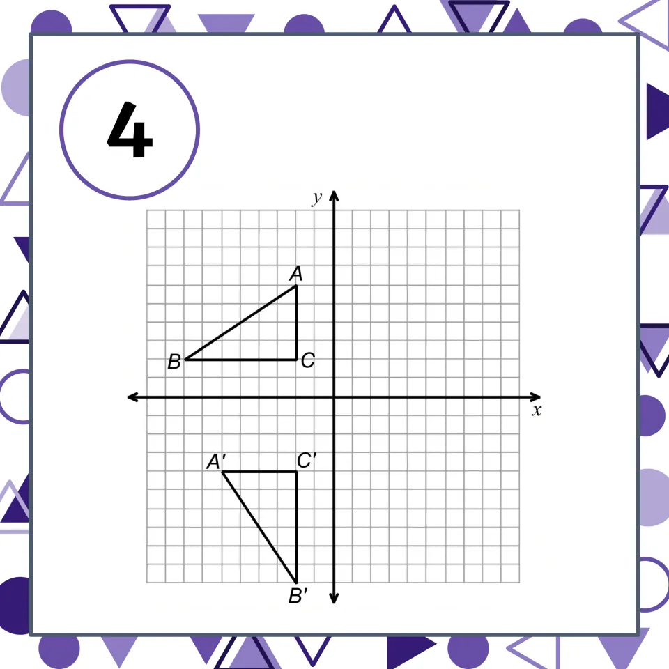 Transformation matching card 4: triangle ABC is above the x-axis, and triangle A′B′C′ is below it.
