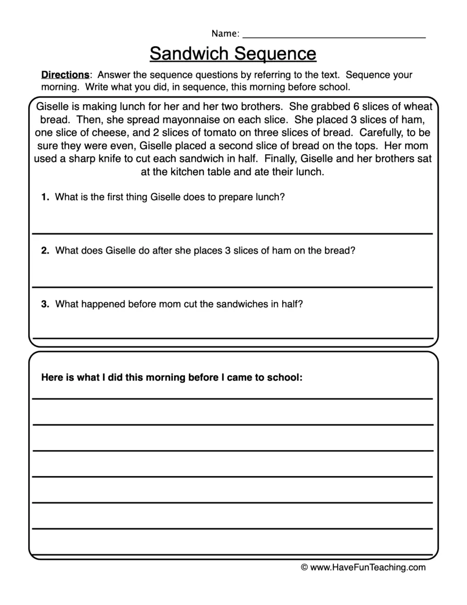 Sequencing worksheet: Giselle makes sandwiches, followed by three questions and a morning routine writing prompt.