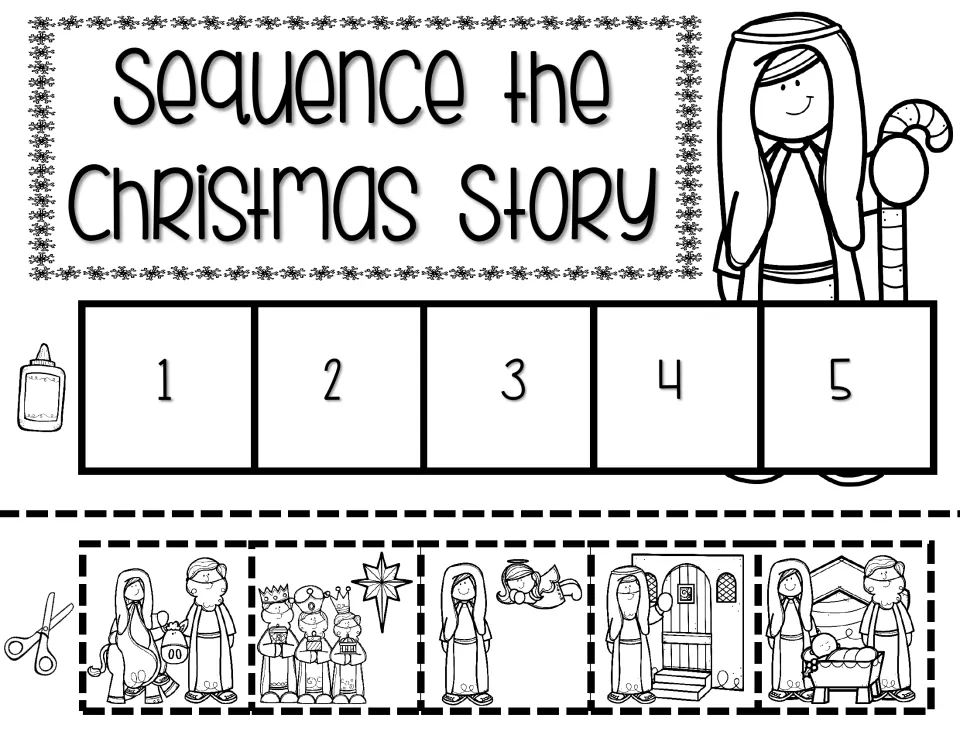 Christmas story sequencing activity: five cutout scenes showing Mary, Joseph, an angel, Jesus, and the Wise Men.