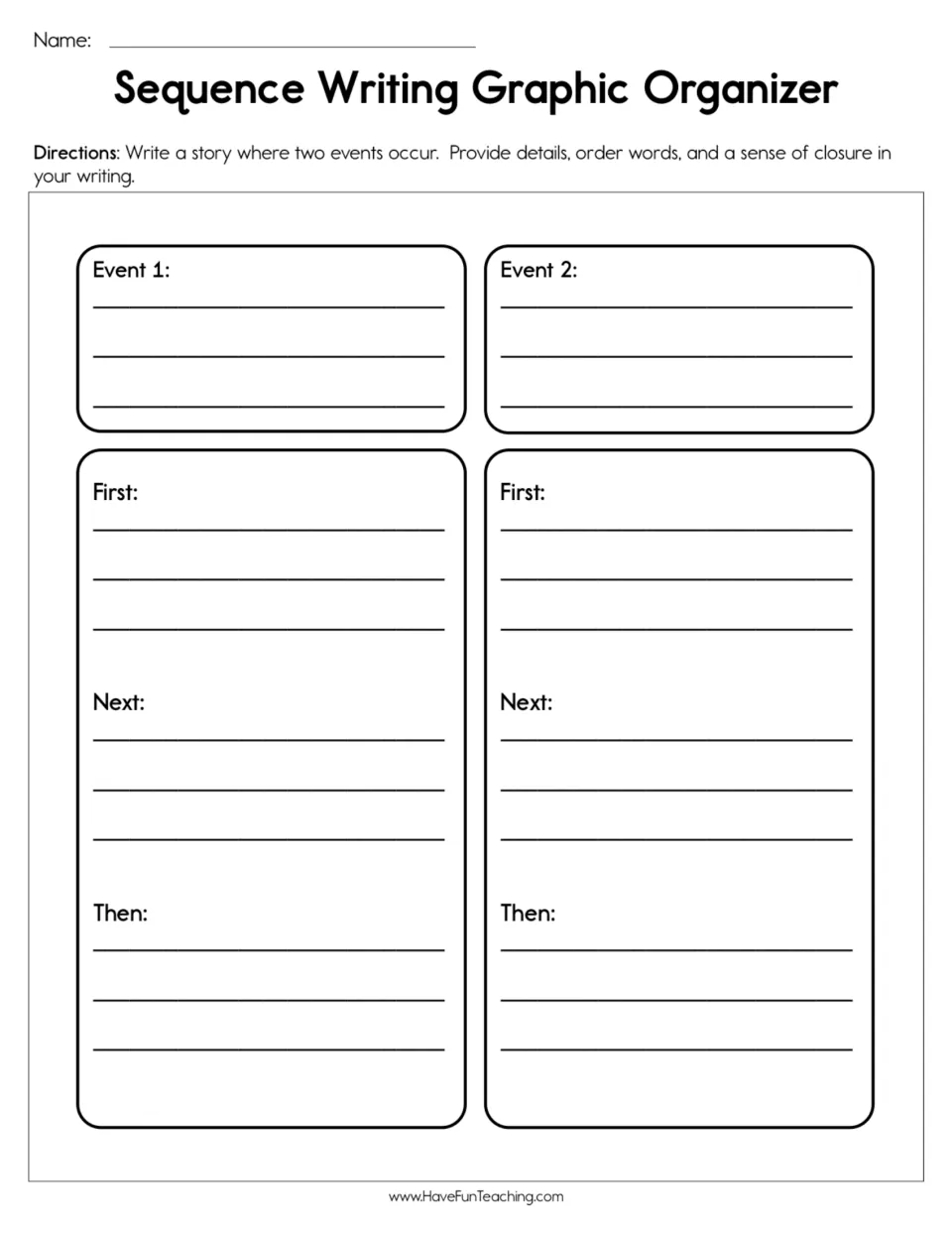 Story sequencing: students plan two events, each told with First, Next and Then details, using order words and closure
