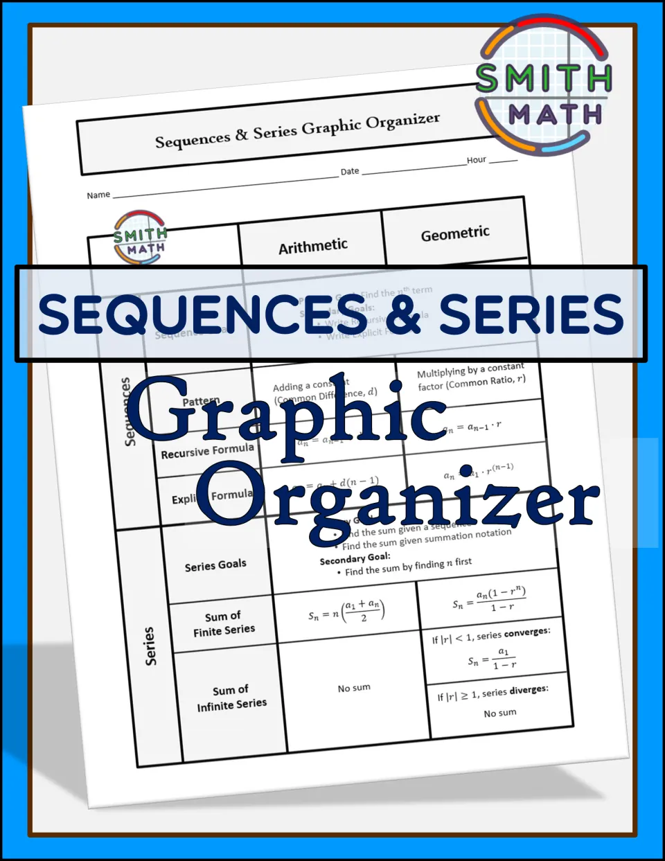 Sequences and series cover by Smith Math: organizer comparing arithmetic and geometric formulas, goals and sums