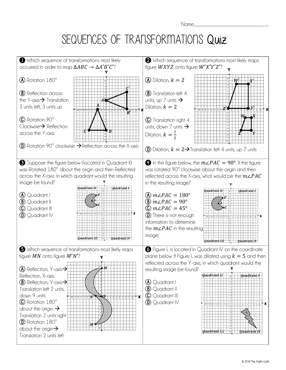 Quiz questions 1–6: identify transformation sequences, locate resulting quadrants, and find an angle measure.