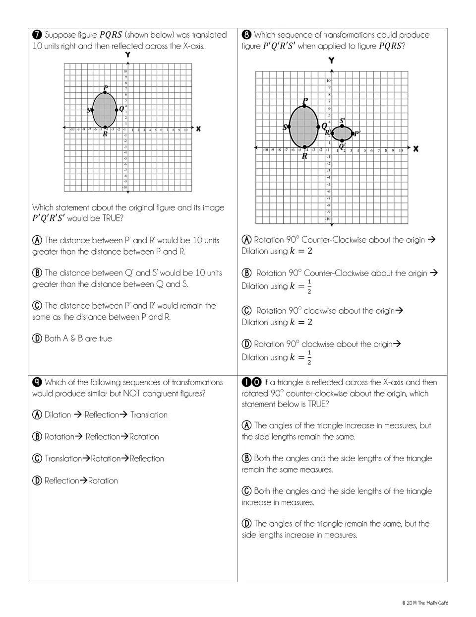 Quiz questions 7–10: compare lengths and angles, identify a rotation and dilation, and distinguish congruence.