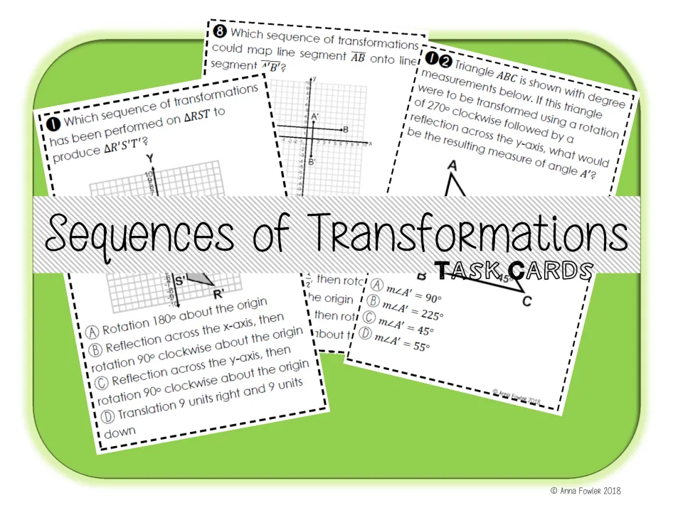 Cover for geometry task cards: fanned multiple-choice cards on rotating, reflecting and mapping figures on graphs