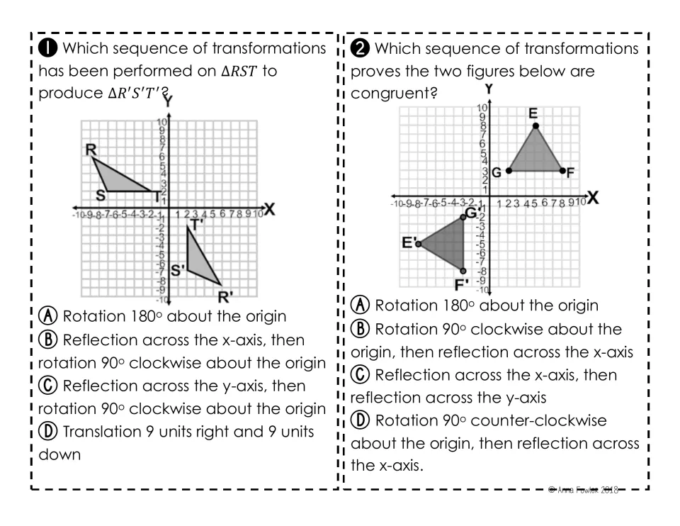 Cards 1-2: students pick the rotation, reflection or translation sequence mapping triangle RST and triangle EFG on grids