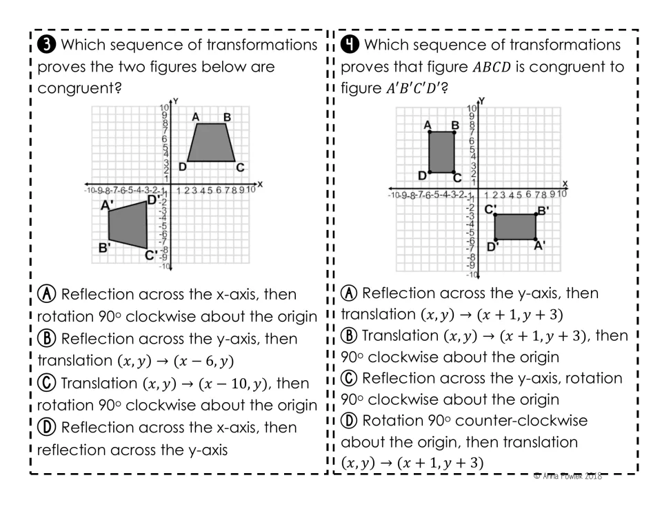 Cards 3-4: students choose transformation sequences proving a trapezoid and a rectangle congruent to their images