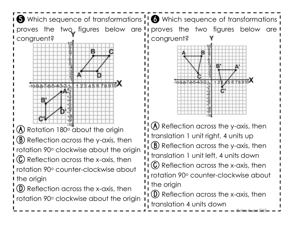 Cards 5-6: students find the reflection sequence mapping a graphed parallelogram and a triangle onto their images