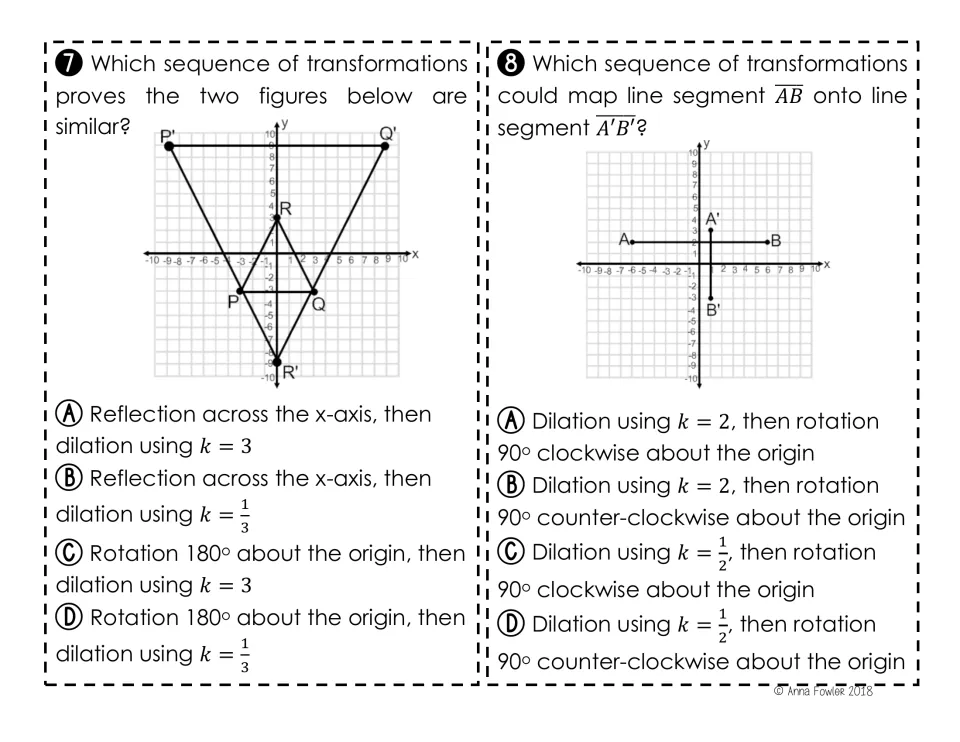 Cards 7-8: students choose dilation sequences with k = 3, 1/3, 2 or 1/2 that show similar triangles and map segment AB