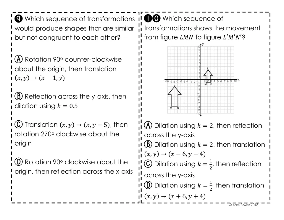 Cards 9-10: students identify which sequence gives similar but not congruent shapes and map arrow LMN using a dilation