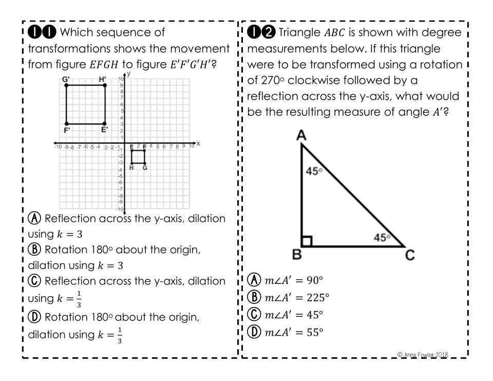 Cards 11-12: students map square EFGH with a dilation and find angle A' of a 45-45-90 triangle after two rigid motions