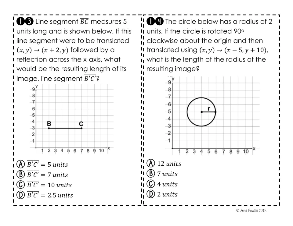 Cards 13-14: students find the length of segment B'C' and a circle's radius after translating, reflecting or rotating