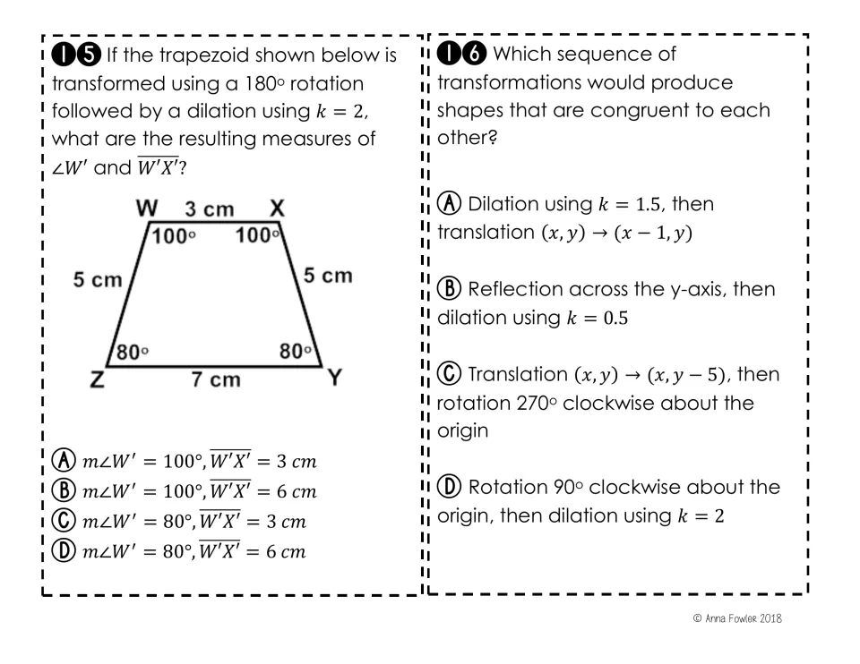 Cards 15-16: students find angle W' and side W'X' of a dilated trapezoid, then pick a sequence giving congruent shapes