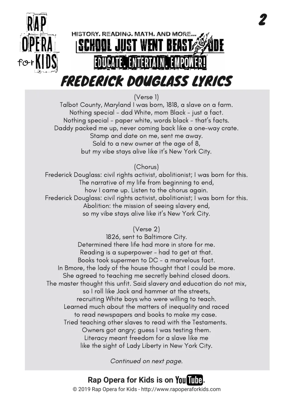 Frederick Douglass song lyrics, verses 1–2 and chorus, covering his birth, Baltimore move, and literacy