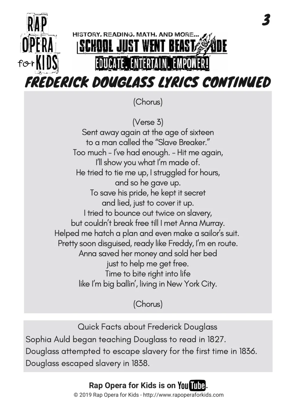 Frederick Douglass lyrics continue with verse 3 about resisting slavery and escaping with Anna Murray's help