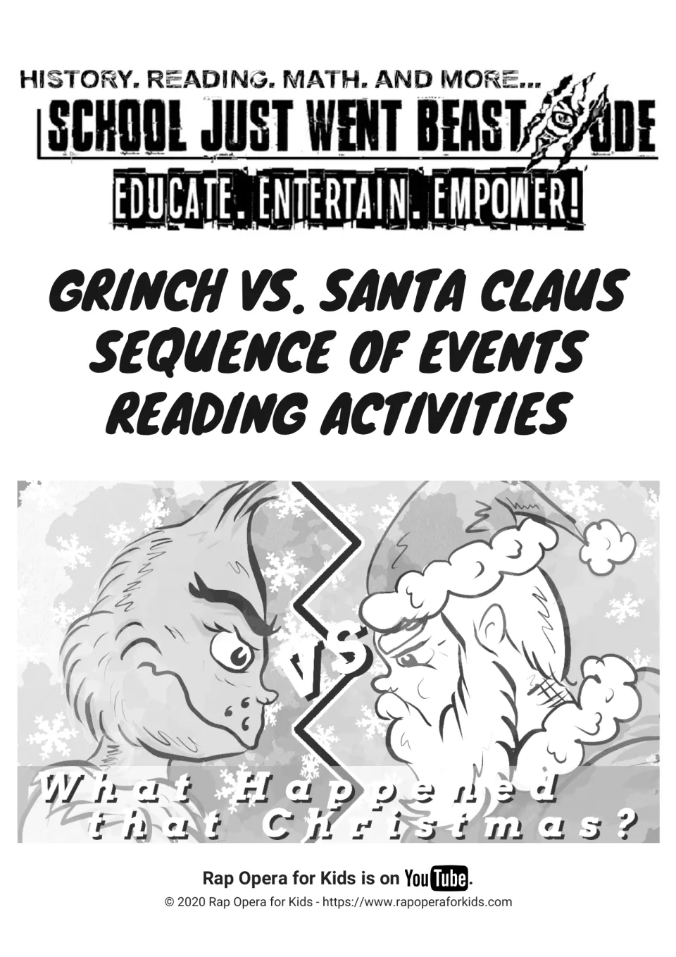 Cover for Grinch vs. Santa Claus sequence of events reading activities, featuring the two characters