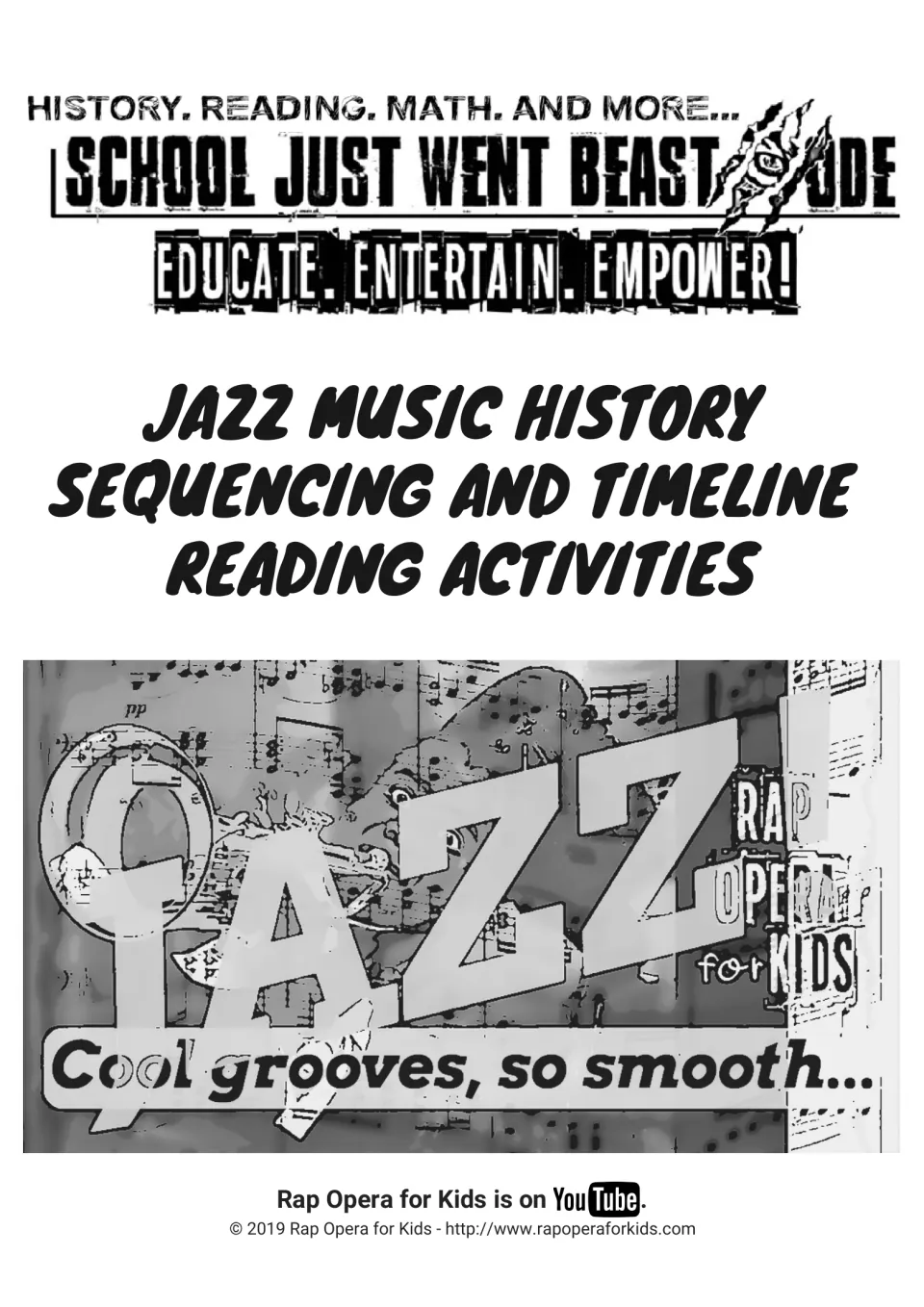 Cover: Jazz Music History Sequencing and Timeline Reading Activities by Rap Opera for Kids, with a JAZZ trumpet graphic