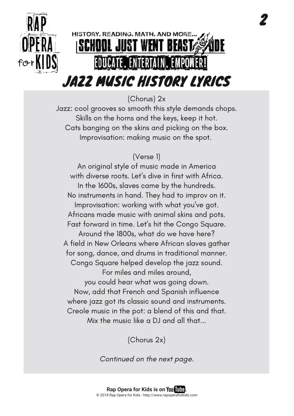 Jazz history song lyrics, chorus and verse 1: African roots in the 1600s, Congo Square in the 1800s, Creole influence