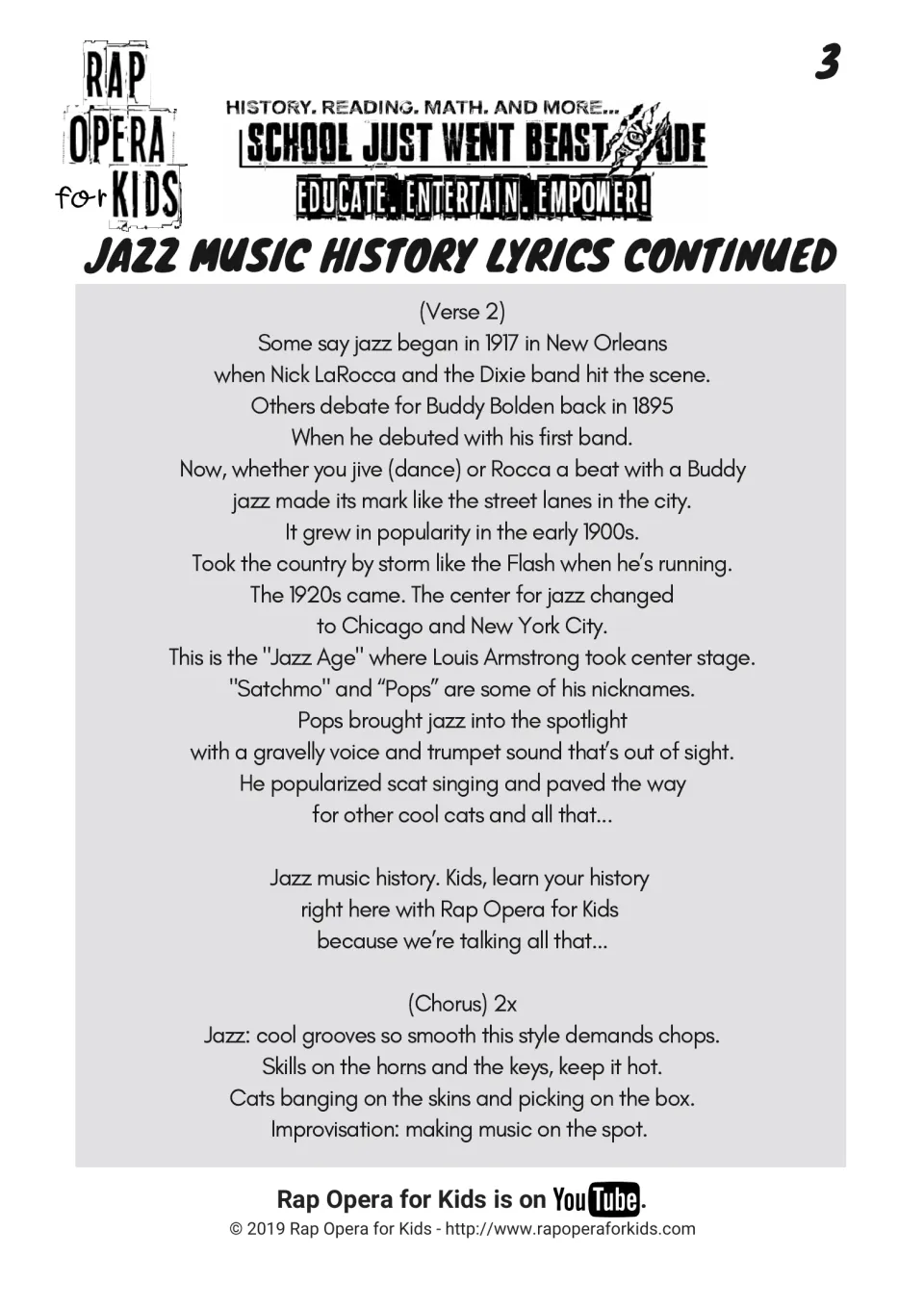 Jazz lyrics, verse 2: Buddy Bolden in 1895, Nick LaRocca in 1917, 1920s Jazz Age and Louis Armstrong's scat singing