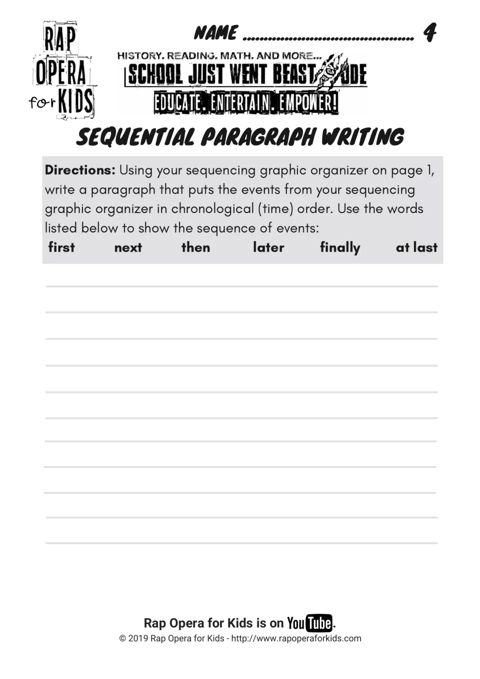 Sequential paragraph writing: students turn organizer events into a paragraph with first, next, then, later and finally