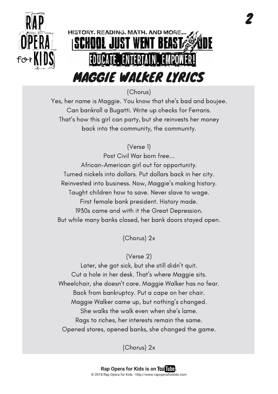 Maggie Walker rap lyrics serve as the reading passage, covering community investment, banking, and disability.