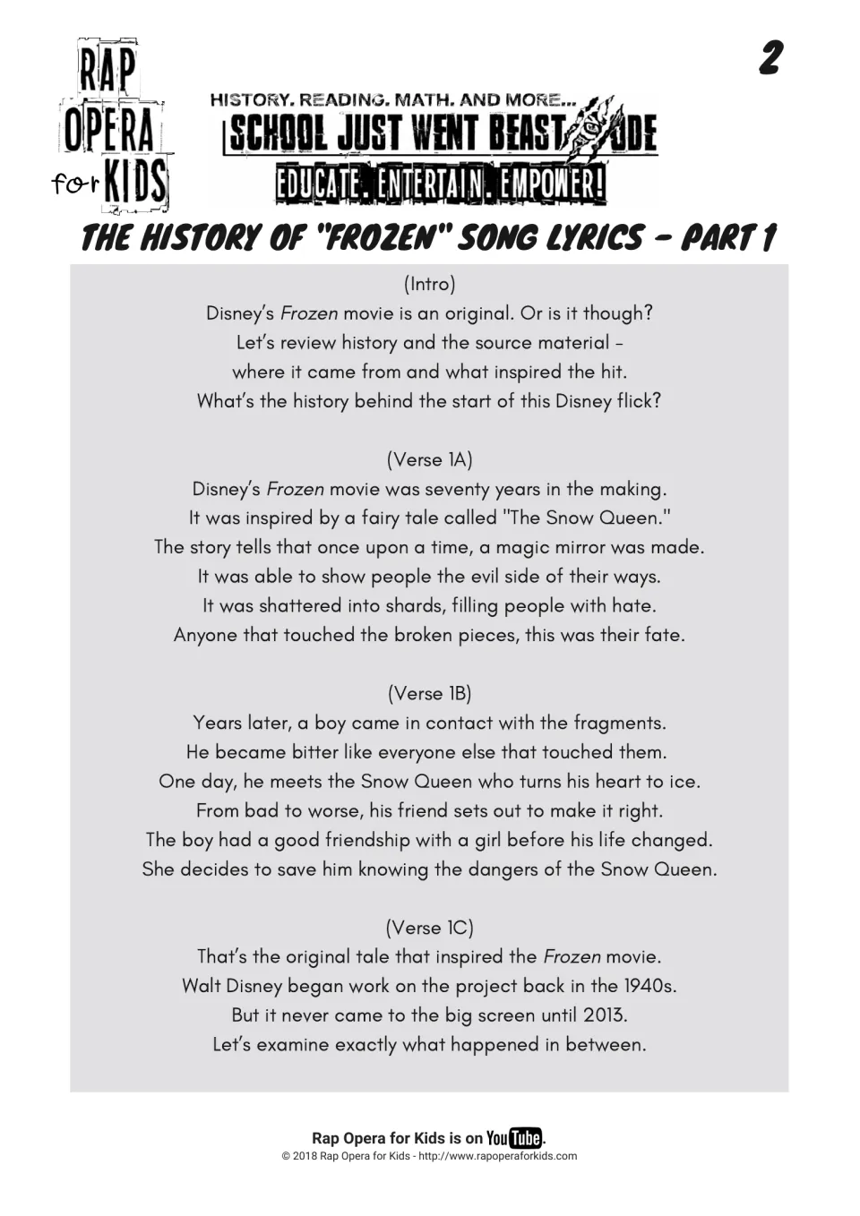 History of Frozen song lyrics, part 1, retell The Snow Queen and introduce Disney's decades-long film project