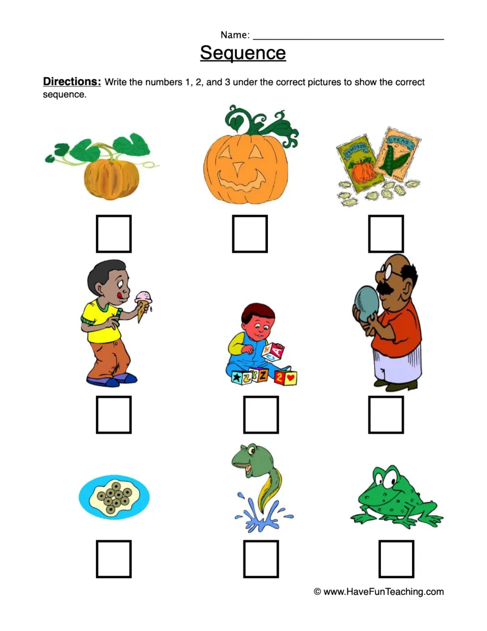 Sequence: students write 1, 2 and 3 to order pictures of pumpkin growth, a person growing up and a frog life cycle