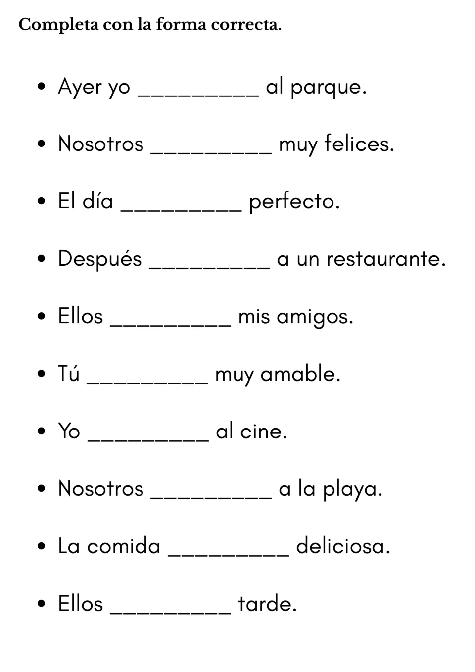 Mixed ser and ir review: students fill in the correct preterite form in 10 sentences, e.g. Ayer yo ___ al parque