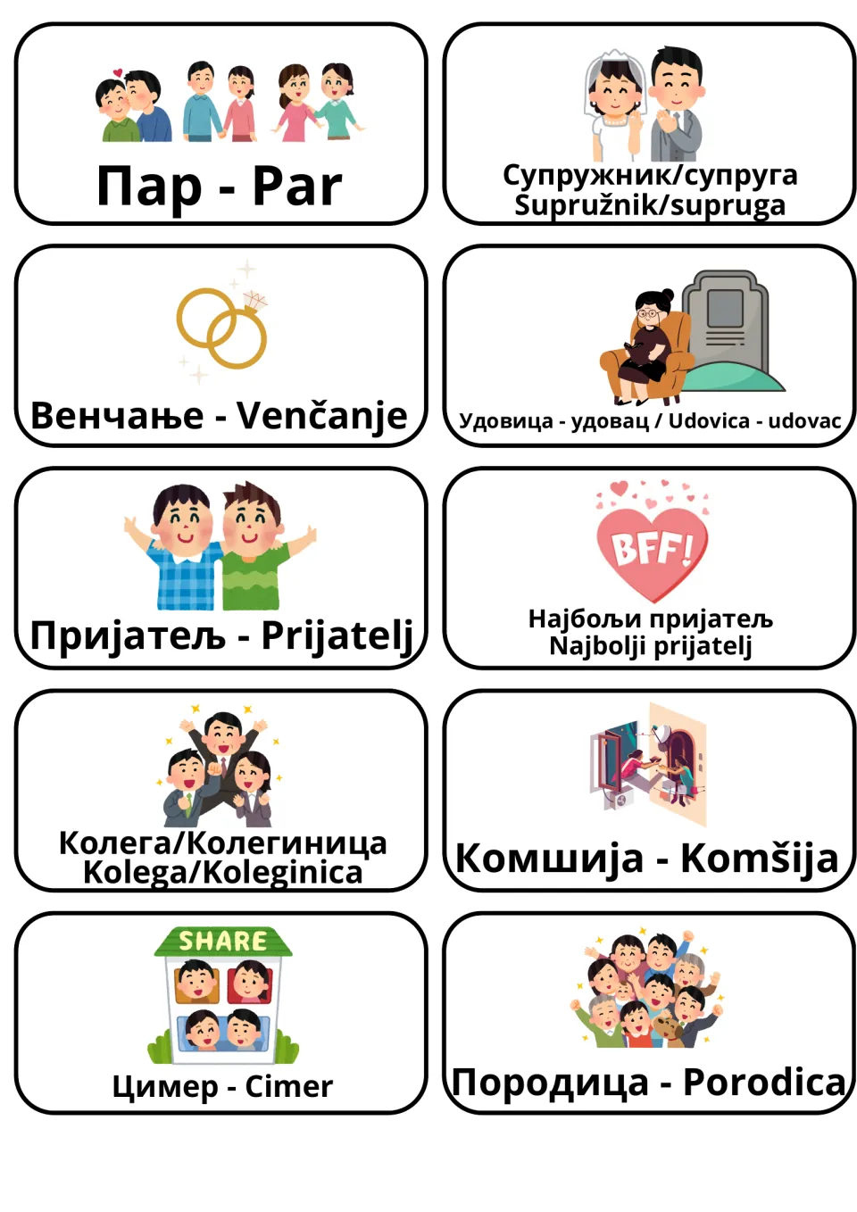 Serbian relationship flashcards 21–30: Par (couple), Venčanje (wedding), Prijatelj (friend) and seven more