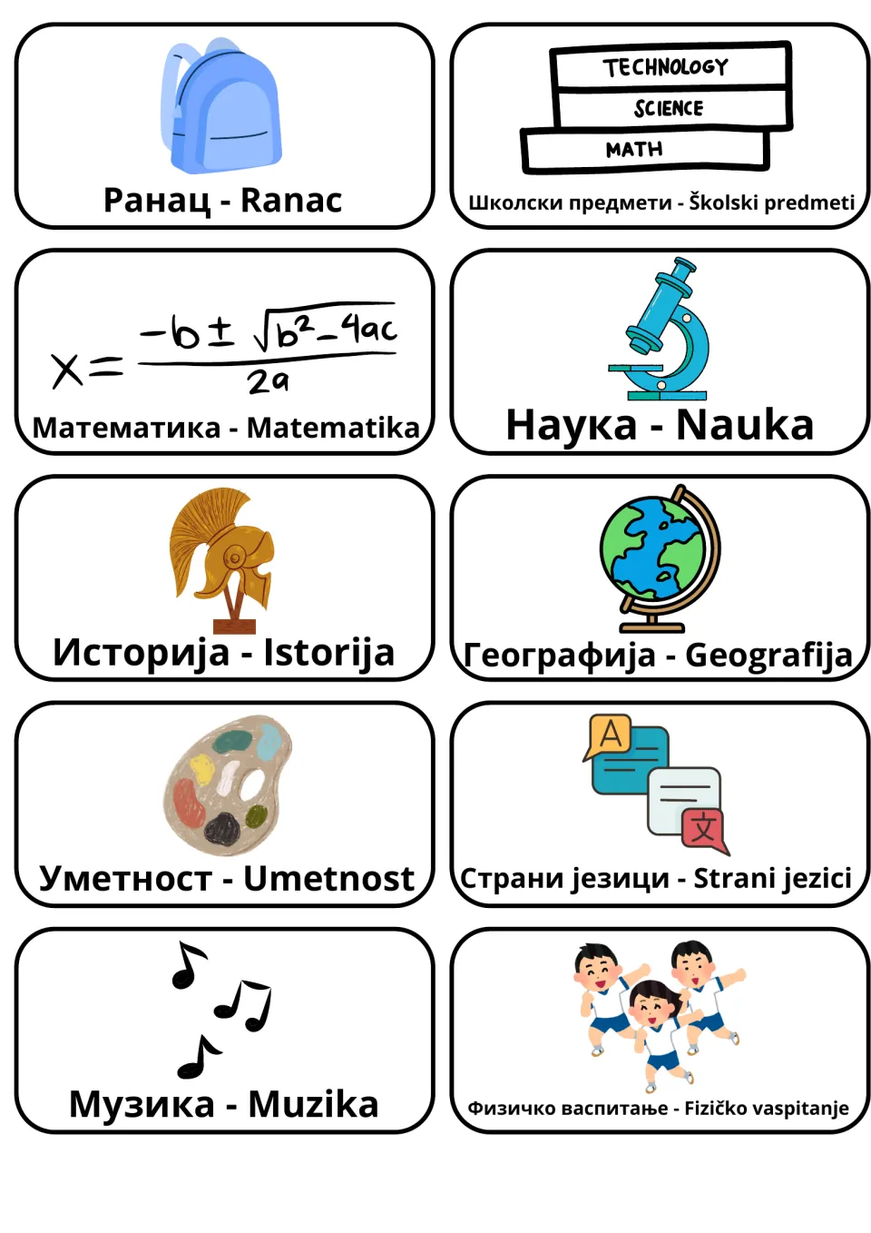 Serbian school flashcards 11–20: ranac (backpack), matematika (math), nauka (science) and seven more terms.
