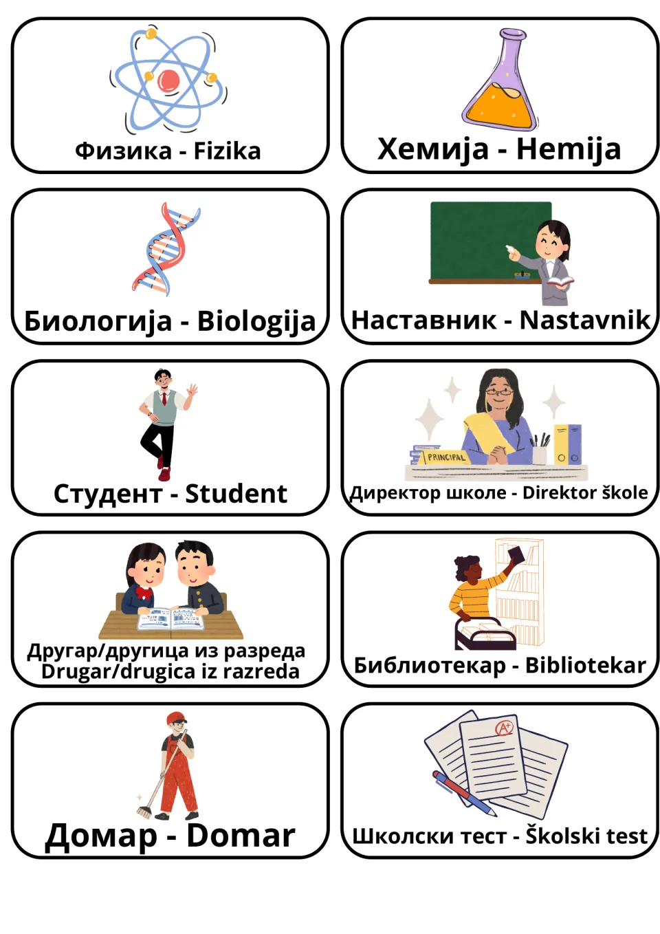 Serbian school flashcards 21–30: fizika (physics), hemija (chemistry), nastavnik (teacher) and seven more.