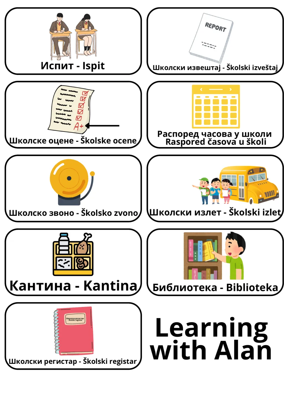 Serbian school flashcards 31–39: ispit (exam), kantina (cafeteria), biblioteka (library) and six more terms.
