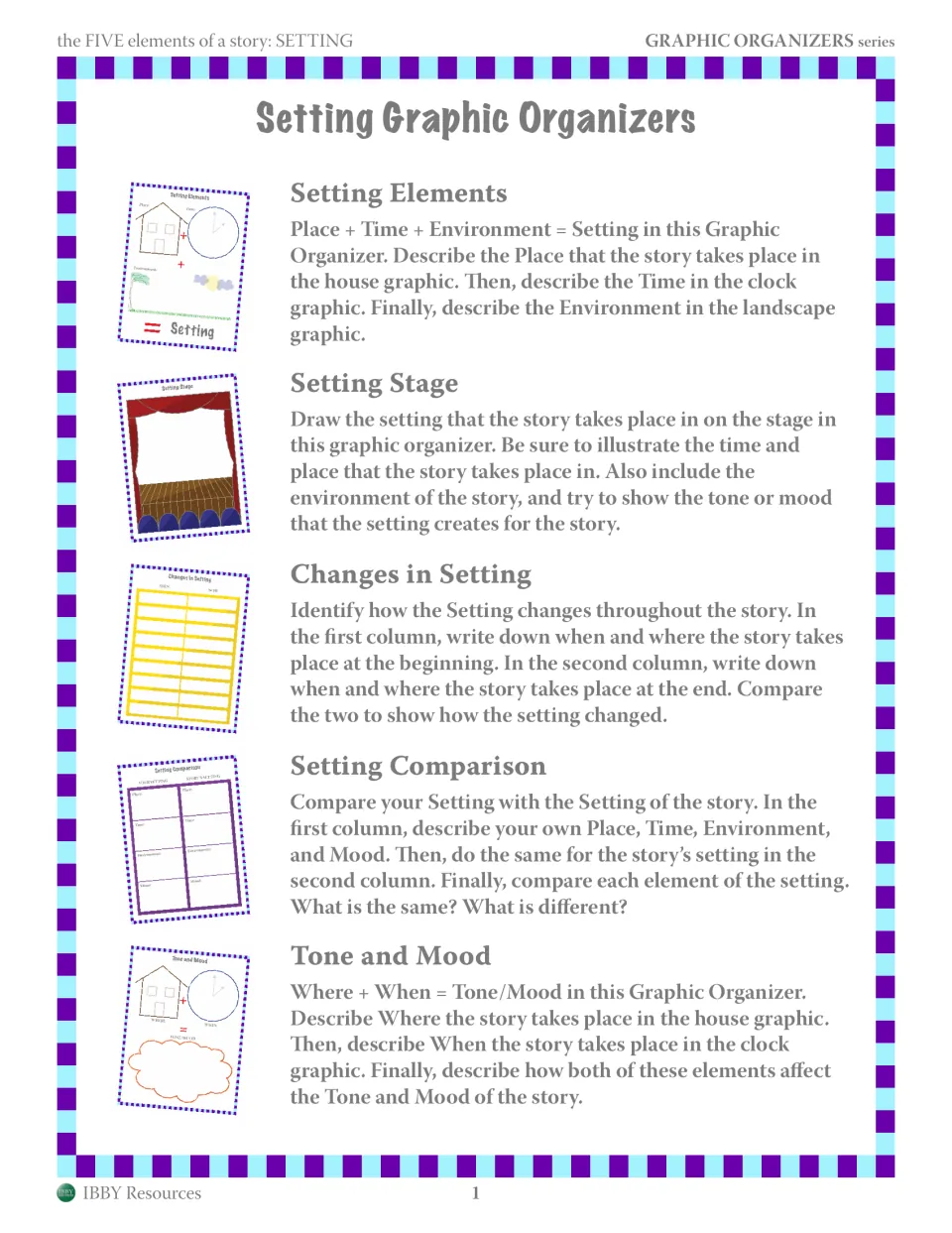 Setting organizer guide: directions for Setting Elements, Setting Stage, Changes in Setting, Comparison, Tone and Mood